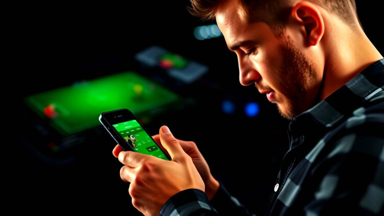 mobile sportwetten Bild eines Nutzers, der eine mobile Sportwetten-App auf seinem Smartphone nutzt, mit einer dynamischen Sportkulisse im Hintergrund.