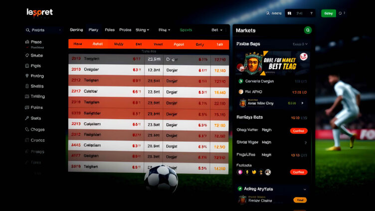 Bild einer dynamischen Wettseite, die verschiedene Wettarten und Märkte zeigt, mit einer Fußballspielszene im Hintergrund