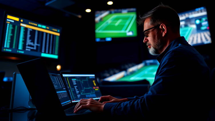 tenniswetten Ein fokussierter Sportwetter analysiert Live-Tenniswettenquoten auf einem Laptop, wĂ€hrend er ein Tennisspiel auf einem groĂen Bildschirm ansieht