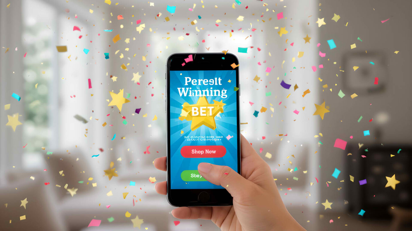 feierliche szene Feierliche Szene eines Nutzers auf dem Handy, Konfetti fällt um den Bildschirm, nachdem er einen Einsatz gewonnen hat.