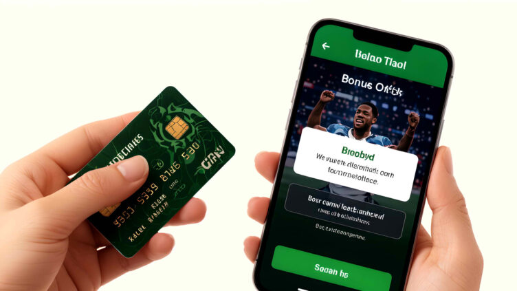 kreditkarte Eine Hand hält eine Kreditkarte, daneben ein Handy mit einem Bonus‑Popup einer Sportwetten‑App.
