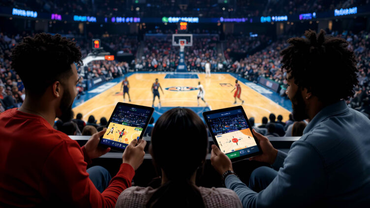 live‑basketballspiel Drei Freunde, die ein Live‑Basketballspiel auf einem Tablet verfolgen und über das Wett‑Overlay setzen.
