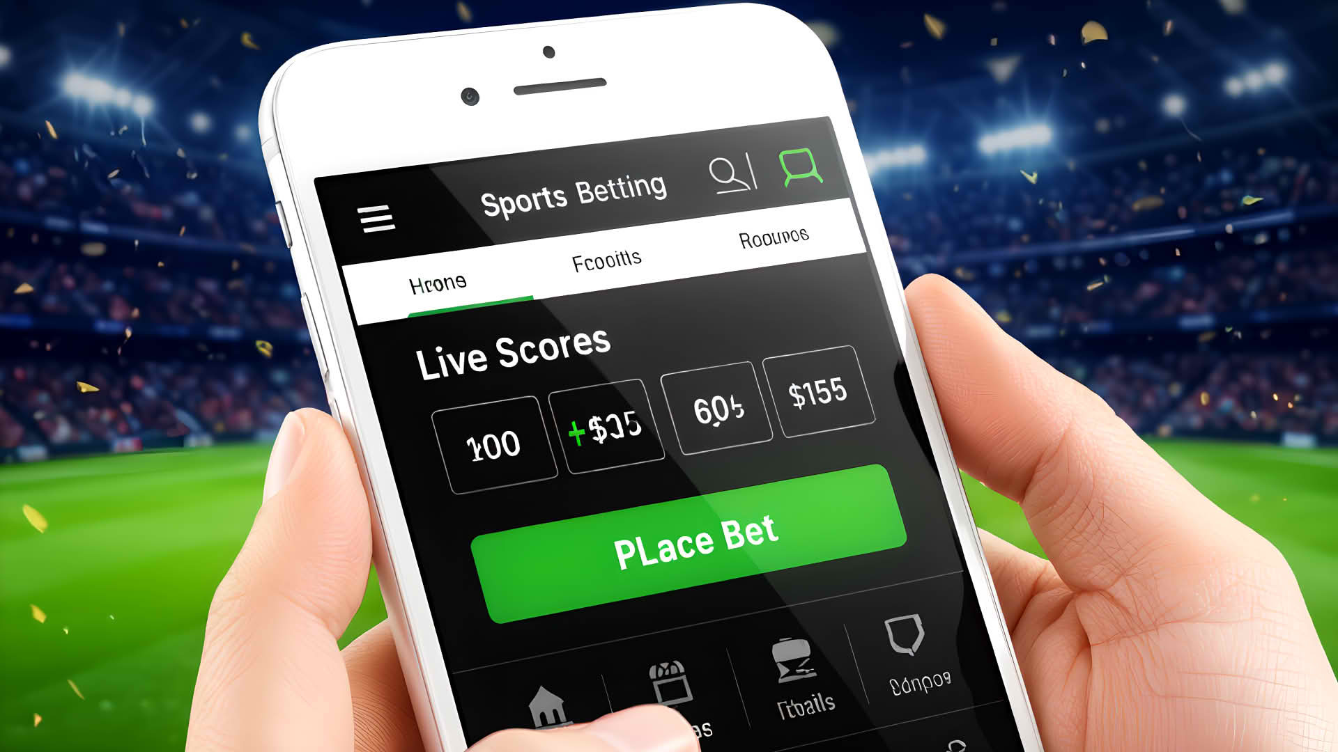 smartphone‑bildschirm Smartphone‑Bildschirm mit einer Sportwetten‑App, live Quoten und einem hervorgehobenen ‚Setzen‘‑Button.