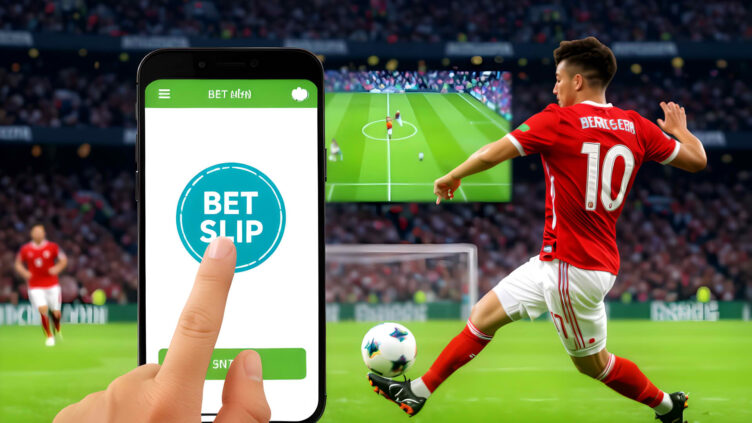 sportwetten‑app Nahaufnahme einer Hand, die auf das ‚Wett‑Stiftel‘‑Symbol einer Sportwetten‑App tippt, mit einem Fußballspiel im Hintergrund.