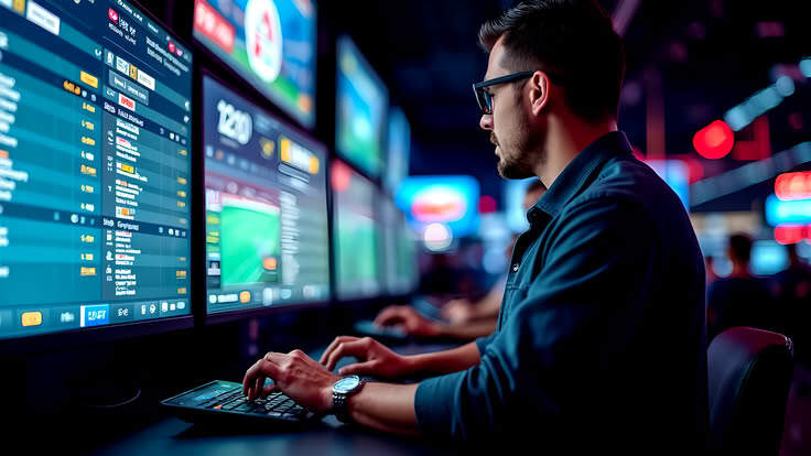 Wettspieler der eine Kombiwette platziert, während er mehrere Sportereignisse auf einem Bildschirm beobachtet.